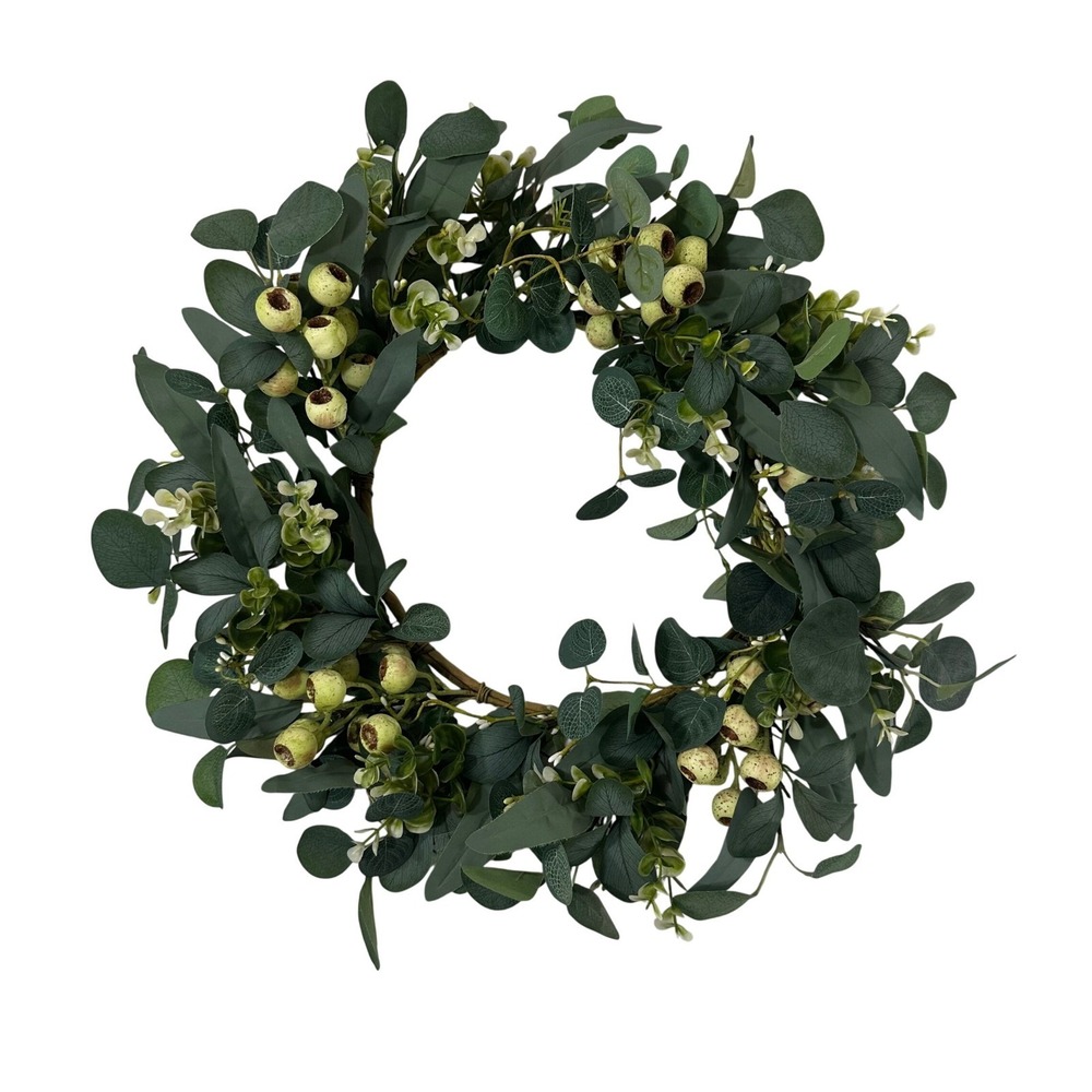 Artificial Eucalyptus Wreath Cream Berries Greenery Farmhouse Door Decor 18 Inch